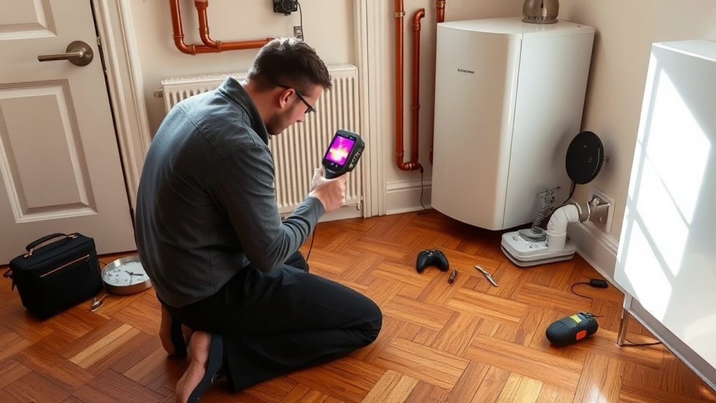 Engineer locating central heating leak using thermal imaging in Cricklewood